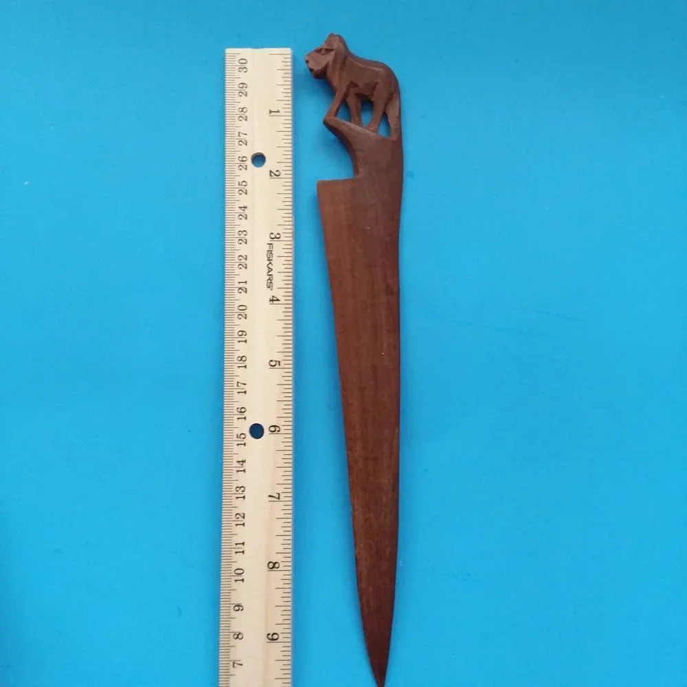 VTG Letter Opener Lion Carved Wood Knife Handle Africa Mail Folk Art Safari King